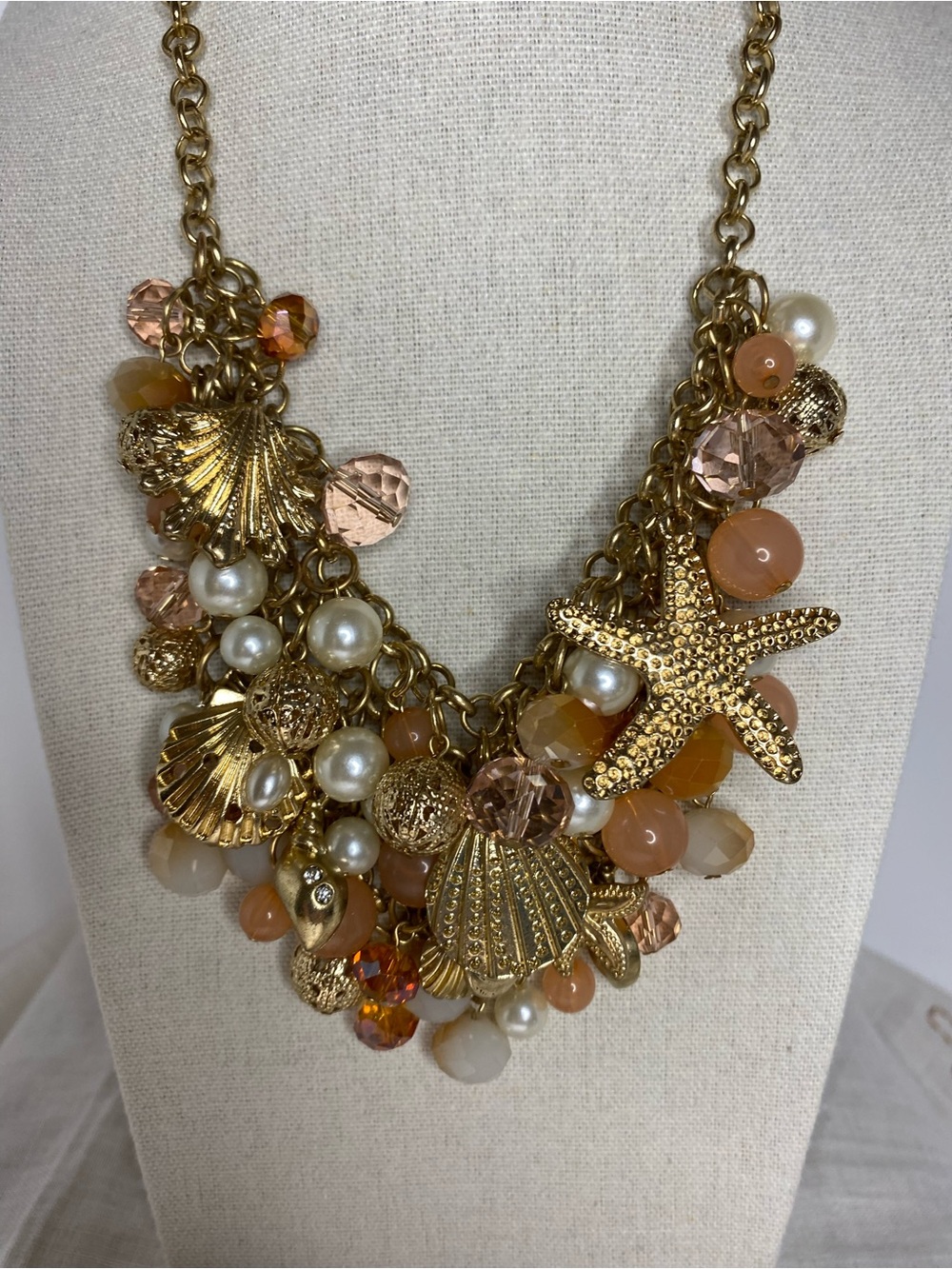 Coastal Statement Bib Necklace Shell Starfish Beaded Cha Cha Faux Pearls Charms